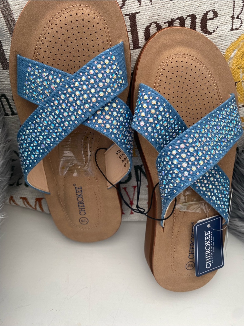 Cherokee Blue Rhinestone Cross-Strap Sandals
